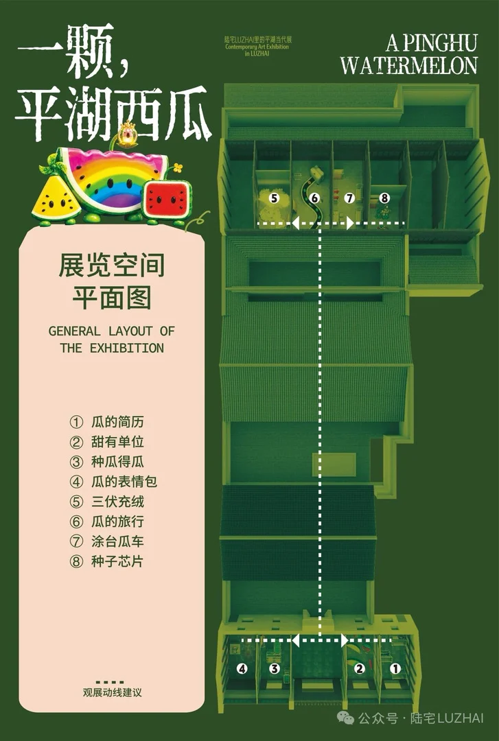 陆宅展览空间平面图,标注八个主题展区与观展动线